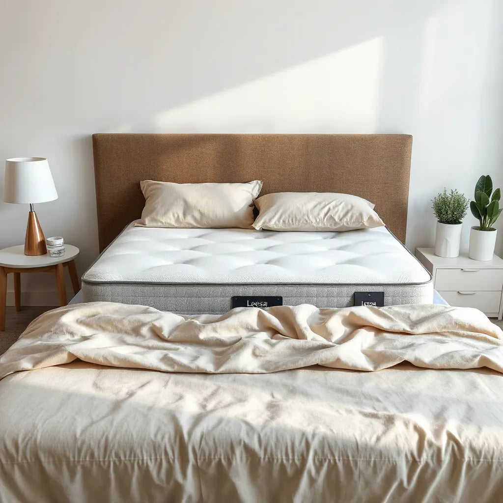 Modern bed with a visible mattress profile and neutral bedding in a clean, bright bedroom setting