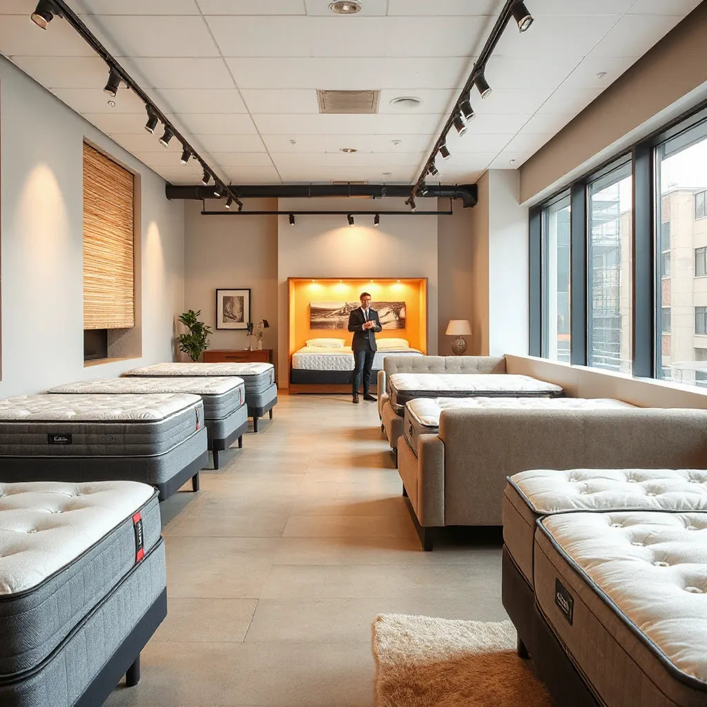 Bright Midtown Manhattan mattress showroom with neatly displayed beds and comfortable seating