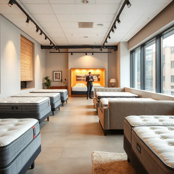 Bright Midtown Manhattan mattress showroom with neatly displayed beds and comfortable seating