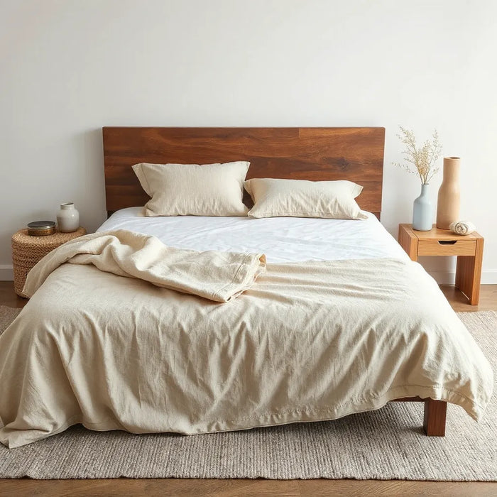 Neatly made bed with natural-fiber bedding and an organic mattress in a bright, minimal bedroom