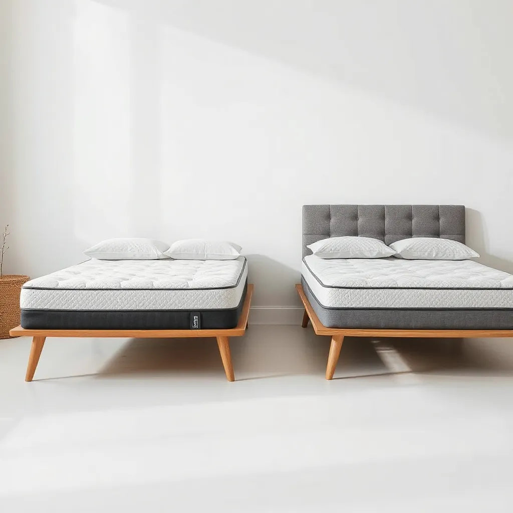 Neatly arranged mattresses with different textures in a bright bedroom for comparing comfort and support