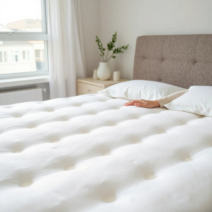 Person hands testing the contour support of a neatly made memory foam mattress in a bright bedroom