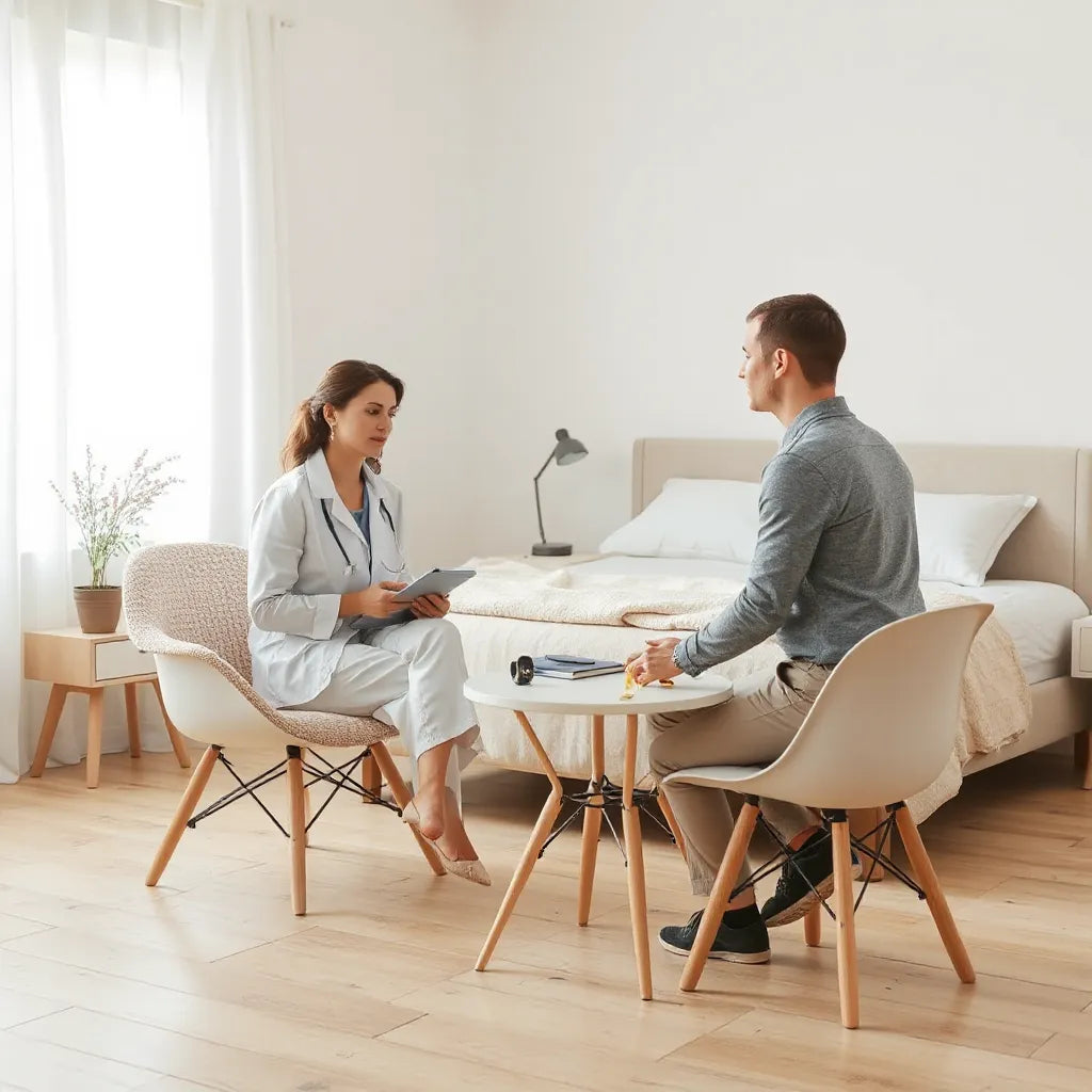 Sleep consultant reviewing comfort notes with a client beside a neatly made bed