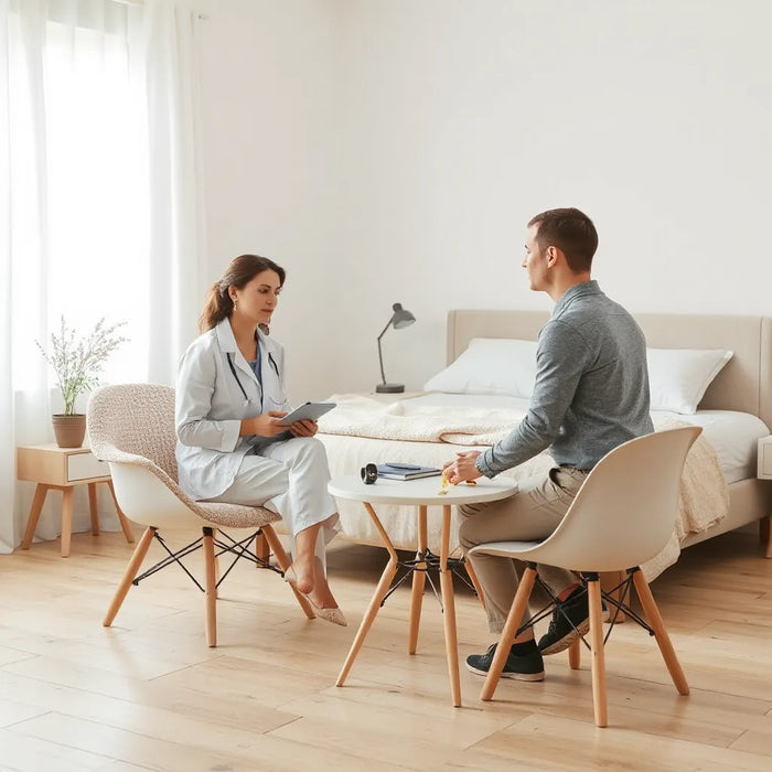 Sleep consultant reviewing comfort notes with a client beside a neatly made bed