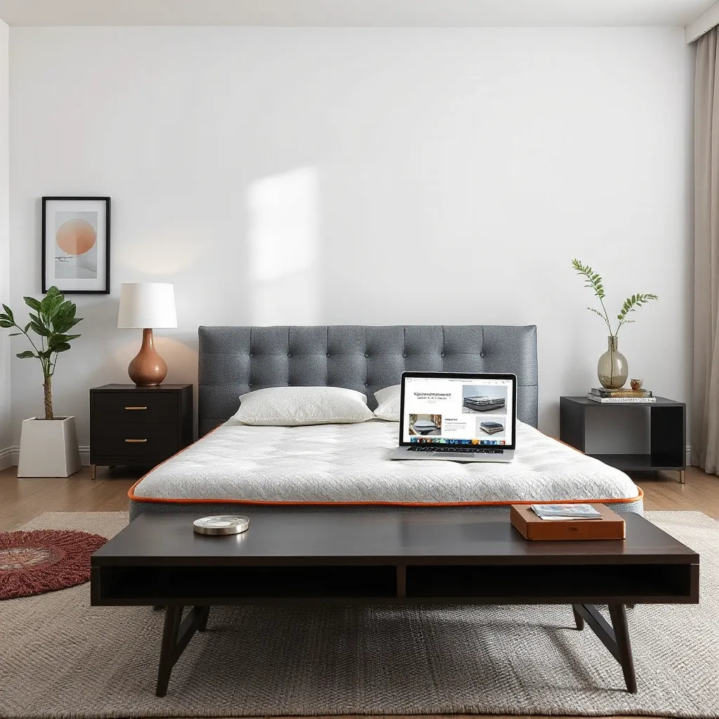 Neatly made bed with a laptop on a coffee table, suggesting an online mattress showroom comparison