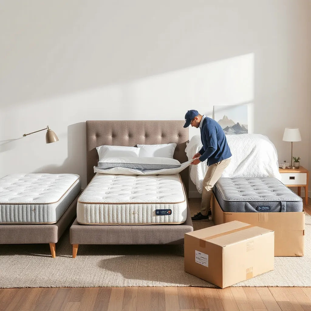 Person unboxing multiple bed-in-a-box mattresses in a modern bedroom with neutral bedding