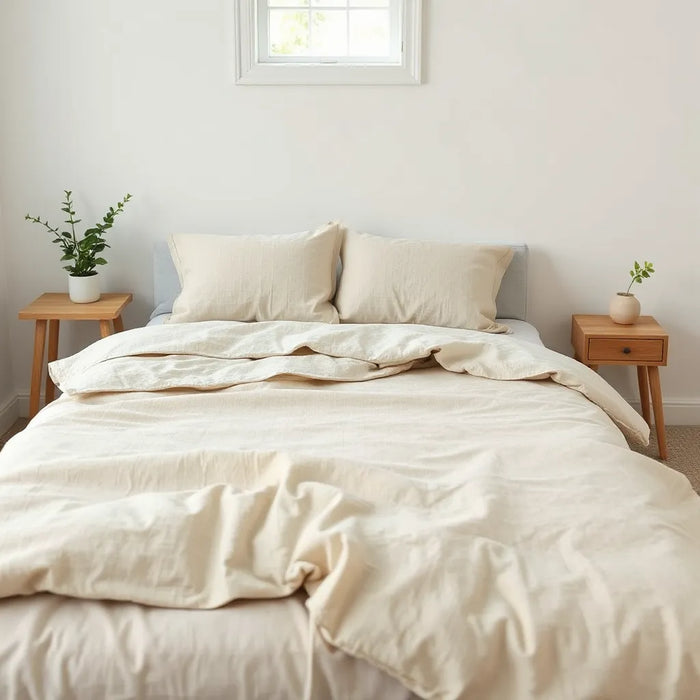 Neatly made bed with breathable organic cotton bedding in neutral tones under soft daylight