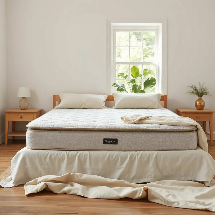 Neatly made bed with an organic mattress in a bright, minimal bedroom setting