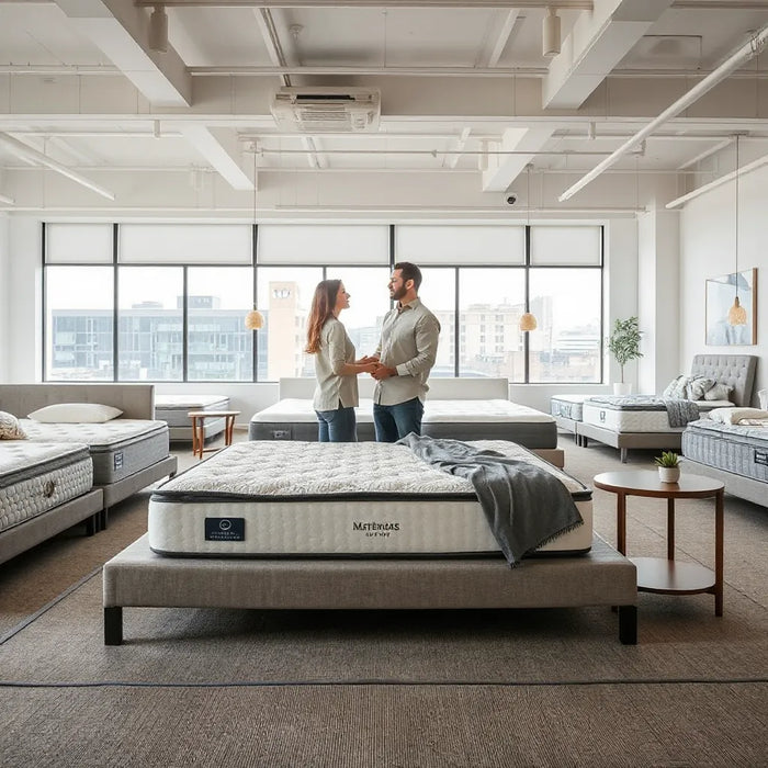 Customer and staff discussing mattress options in a modern Jersey City showroom