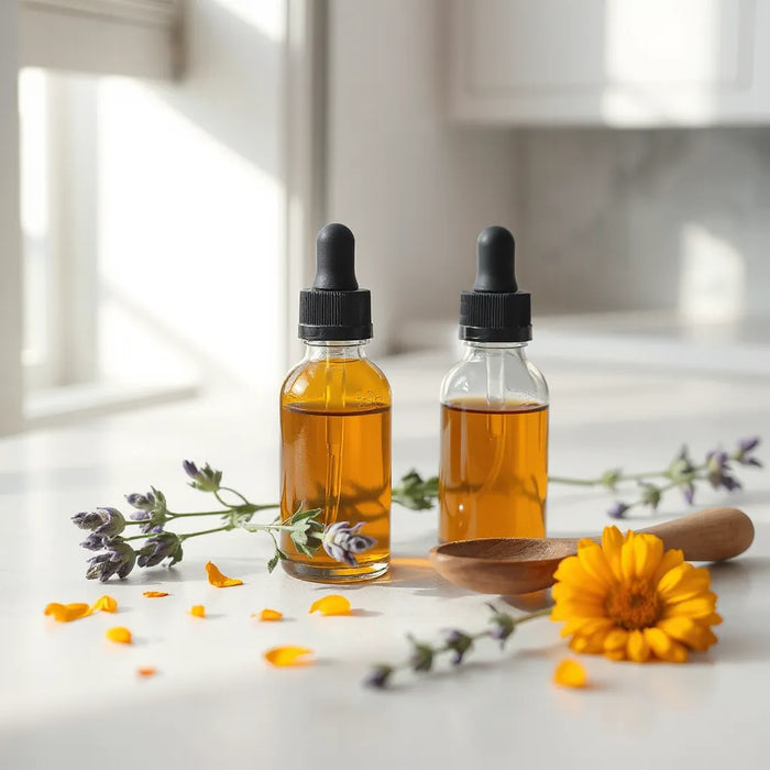 Amber oil in clear dropper bottles with lavender sprigs and calendula petals on a light countertop