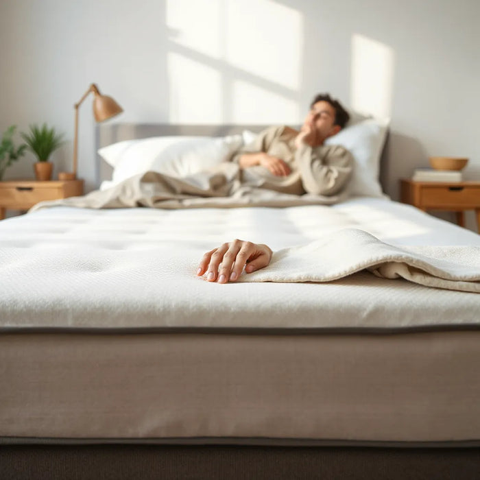 Neatly made bed with a memory foam mattress surface softly conforming under a resting hand