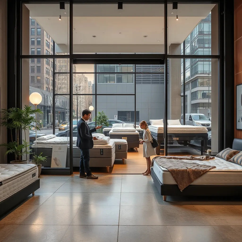 Shoppers comparing mattress options inside a modern Midtown Manhattan showroom