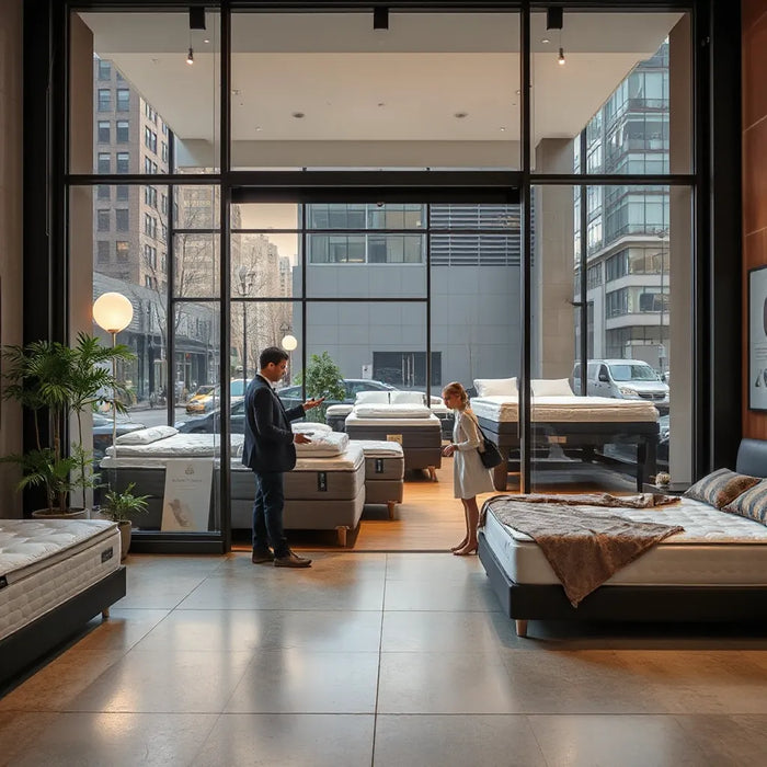 Shoppers comparing mattress options inside a modern Midtown Manhattan showroom