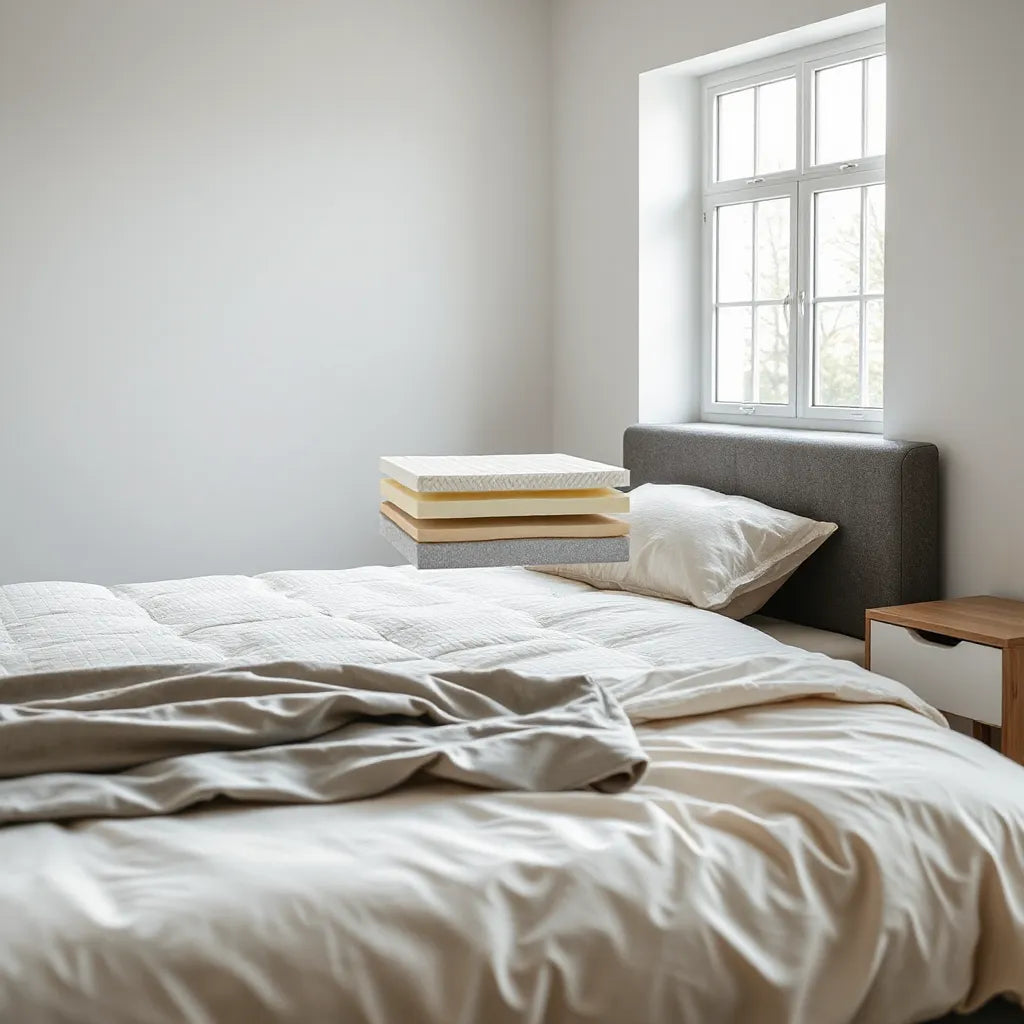 Neatly made bed showing foam and coil layers inside a hybrid mattress under natural light