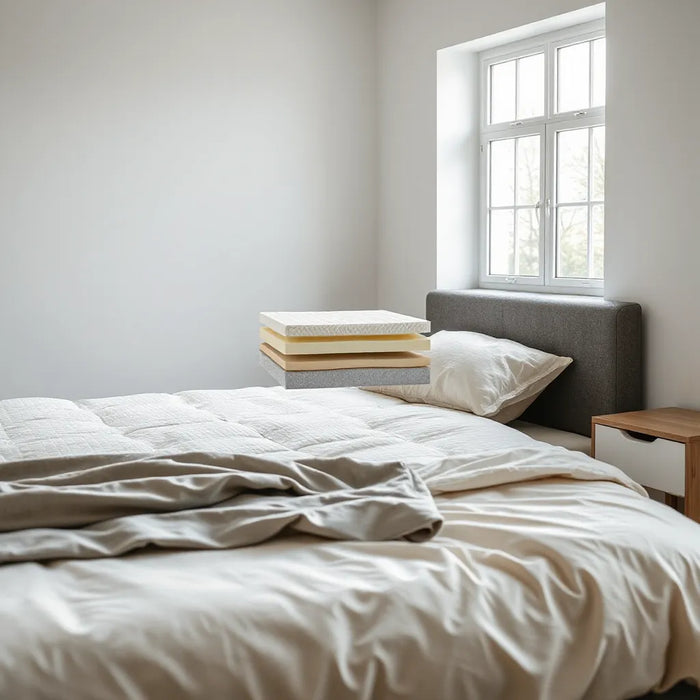 Neatly made bed showing foam and coil layers inside a hybrid mattress under natural light