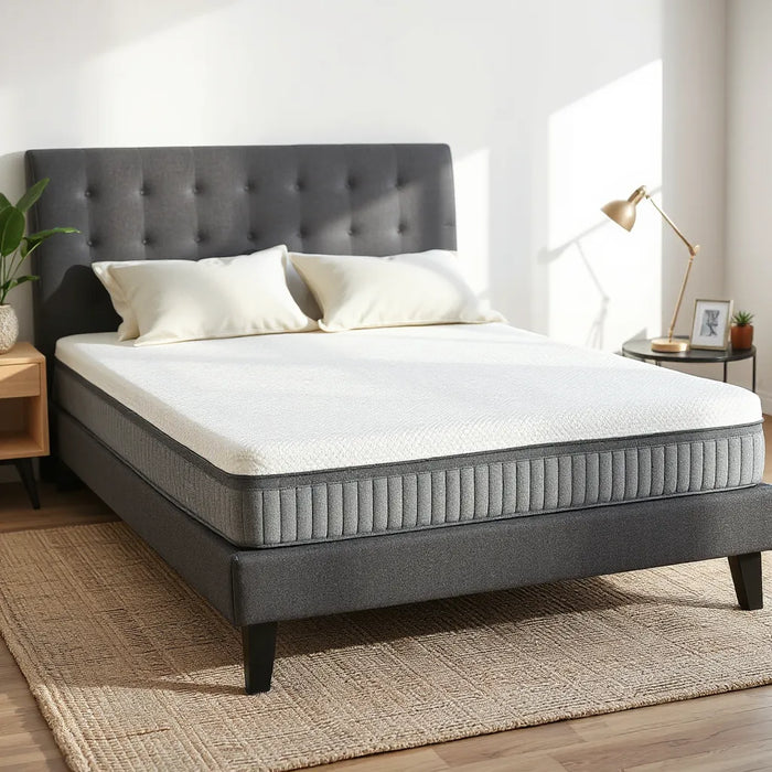 Neatly made bed with a memory foam mattress under soft natural light