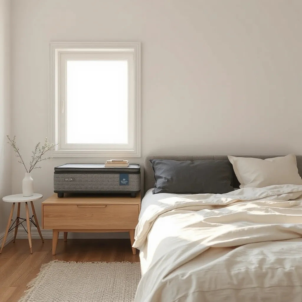 Neatly made bed with a high-quality mattress and calming neutral bedding in natural light