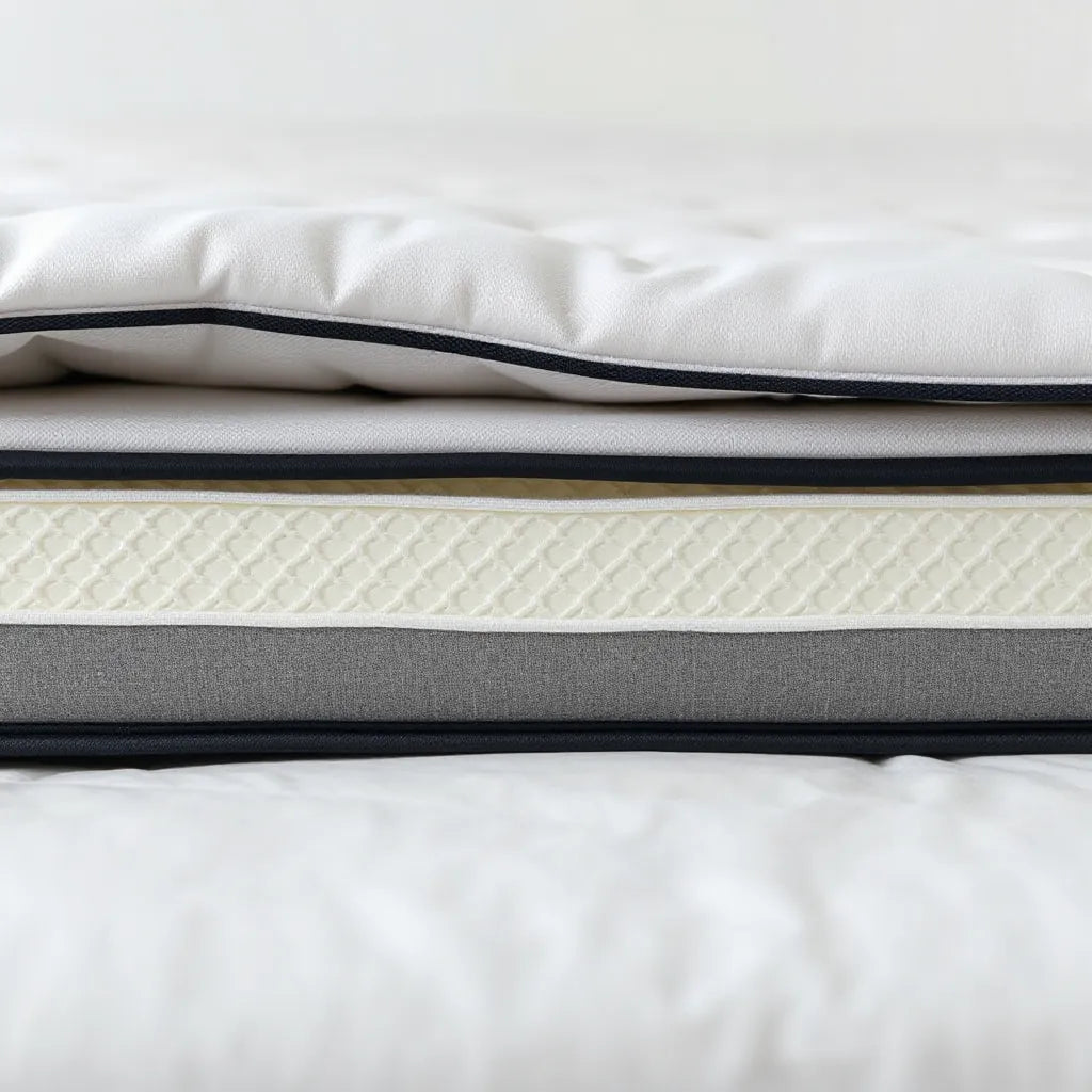 Cross-section view of a mattress highlighting microcoil comfort layers under soft padding