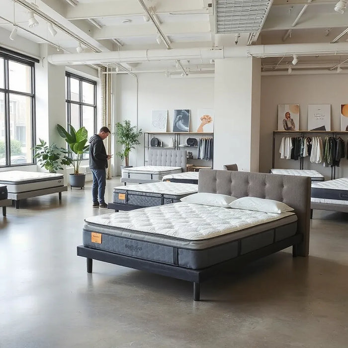 Customer reviewing a mattress display in a bright Brooklyn showroom