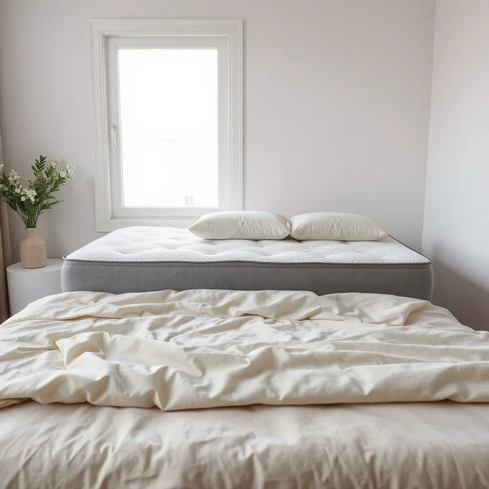 Modern mattress on a neatly made bed with pillow setup hinting at side, back, and stomach sleeping comfort