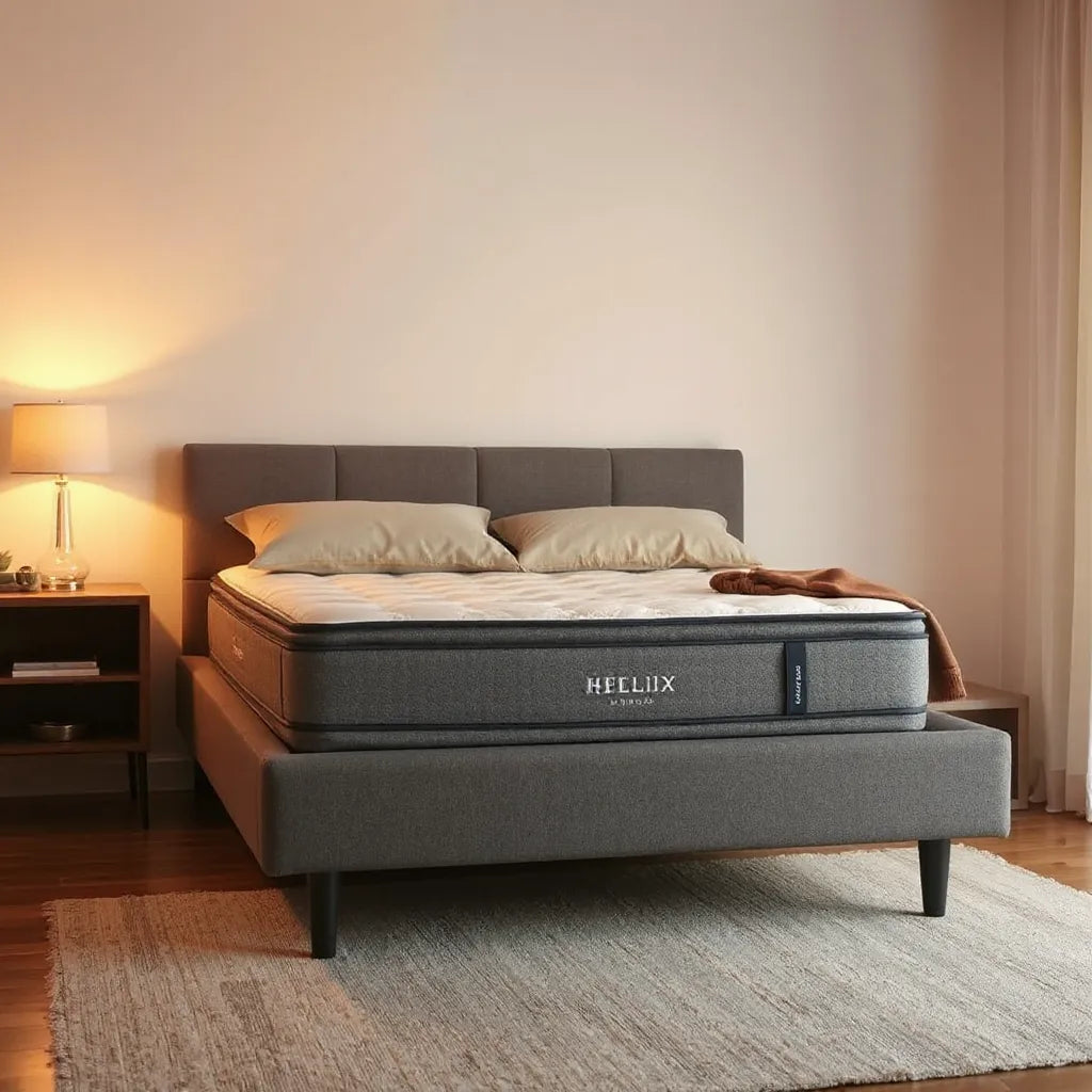 Twilight-lit bedroom with a neatly made modern bed featuring the Helix Twilight Luxe mattress