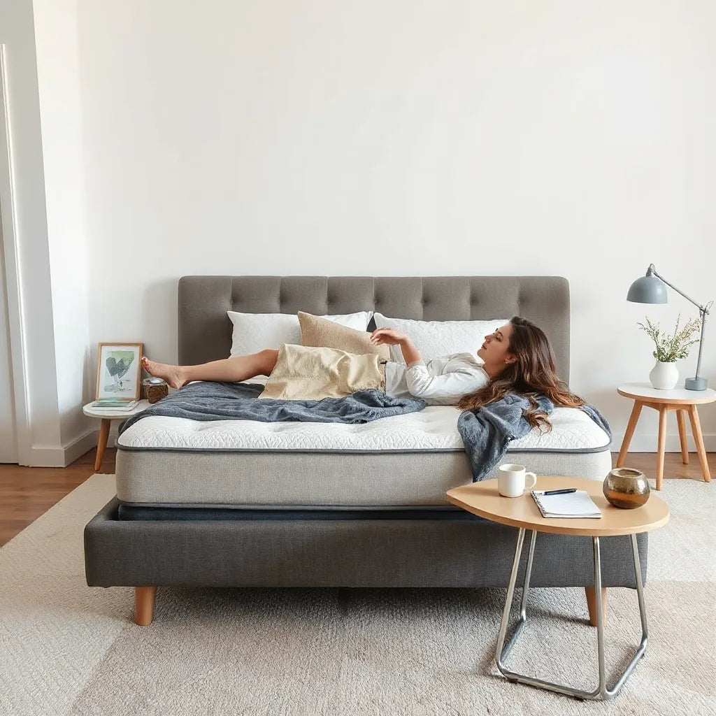 Person comfortably testing an open mattress in a clean, well-lit showroom-like bedroom