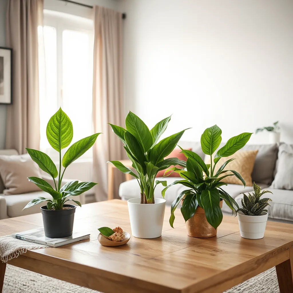 Healthy indoor plants near a bright window in a clean living room for fresher indoor air