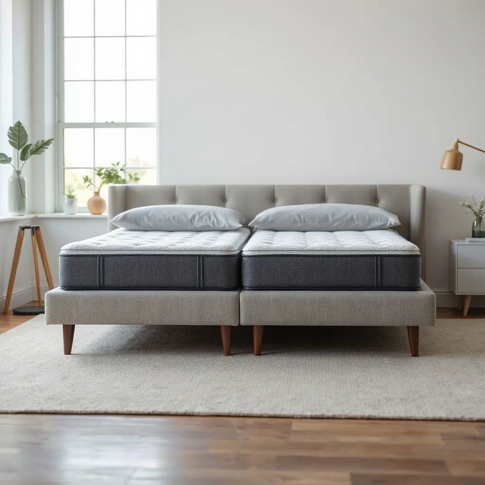 Luxury hybrid mattresses on a modern bed with neutral bedding and soft natural light