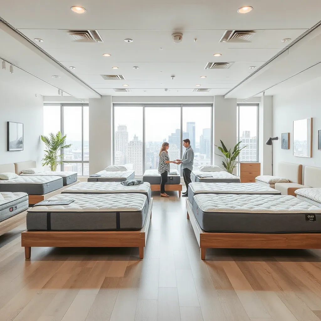Customer testing a mattress on a display bed in a modern NYC showroom with a salesperson nearby