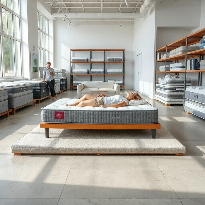 Customer testing a mattress at a clean local showroom with a nearby sales associate
