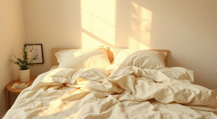 Bright minimalist bedroom featuring a white bed and contemporary design.