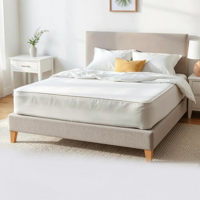 Neatly made bed with a fitted easy care mattress protector, showing corner seams and waterproof backing.