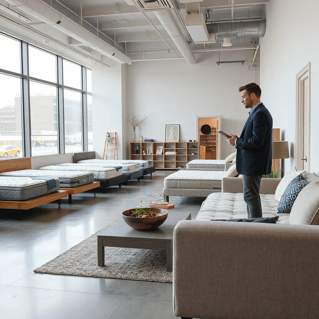 Bright NYC mattress showroom with neatly arranged beds and a salesperson near a display