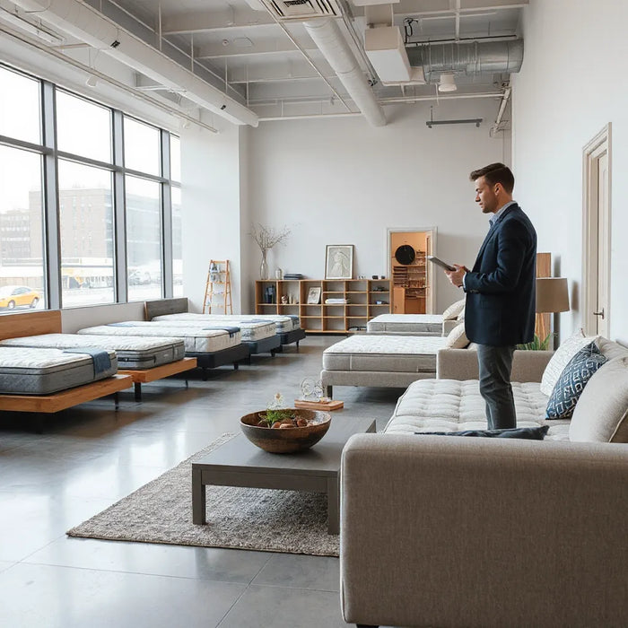 Bright NYC mattress showroom with neatly arranged beds and a salesperson near a display