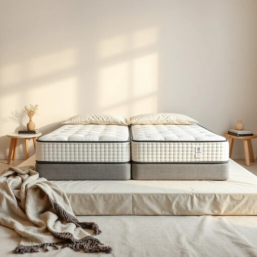 Neutral-toned bedroom with premium mattresses displayed under warm natural light
