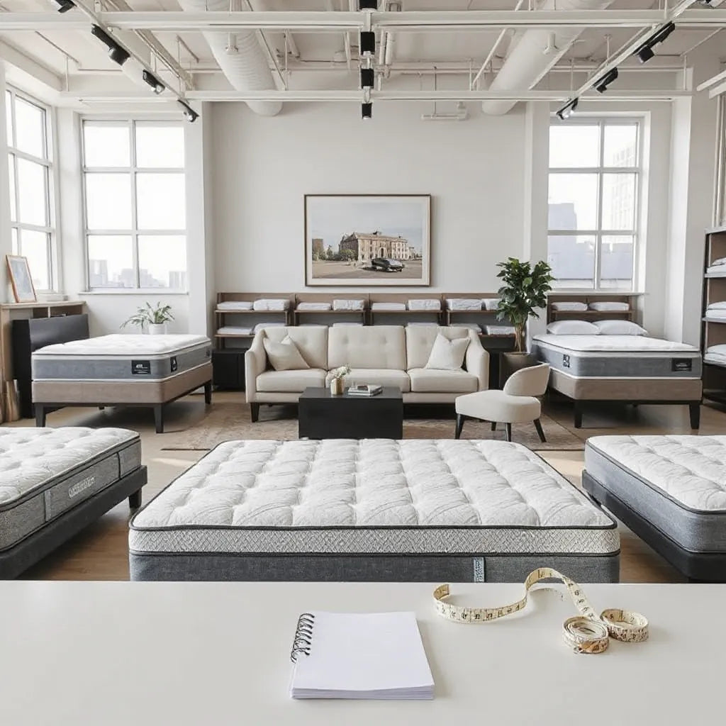 Bright Midtown NYC mattress showroom with several displayed beds and a consulting setup