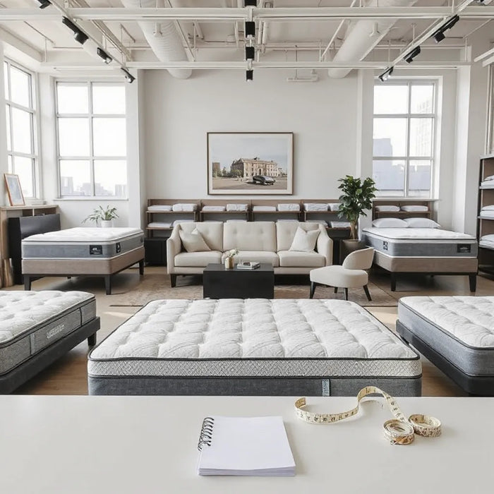 Bright Midtown NYC mattress showroom with several displayed beds and a consulting setup