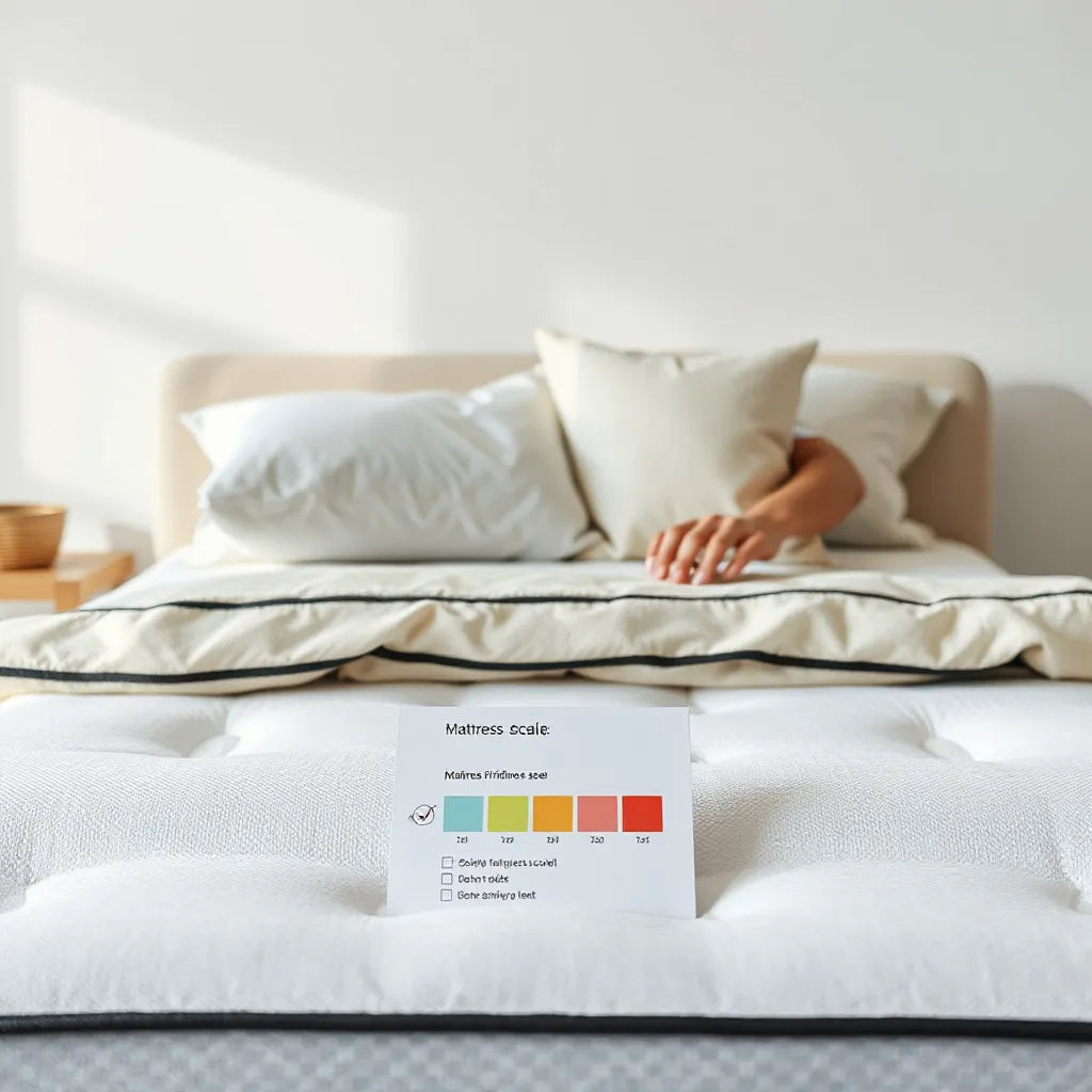 Person comparing mattress comfort options on a neatly made bed in a modern showroom