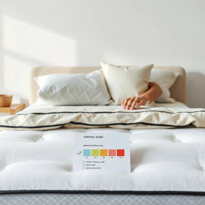 Person comparing mattress comfort options on a neatly made bed in a modern showroom