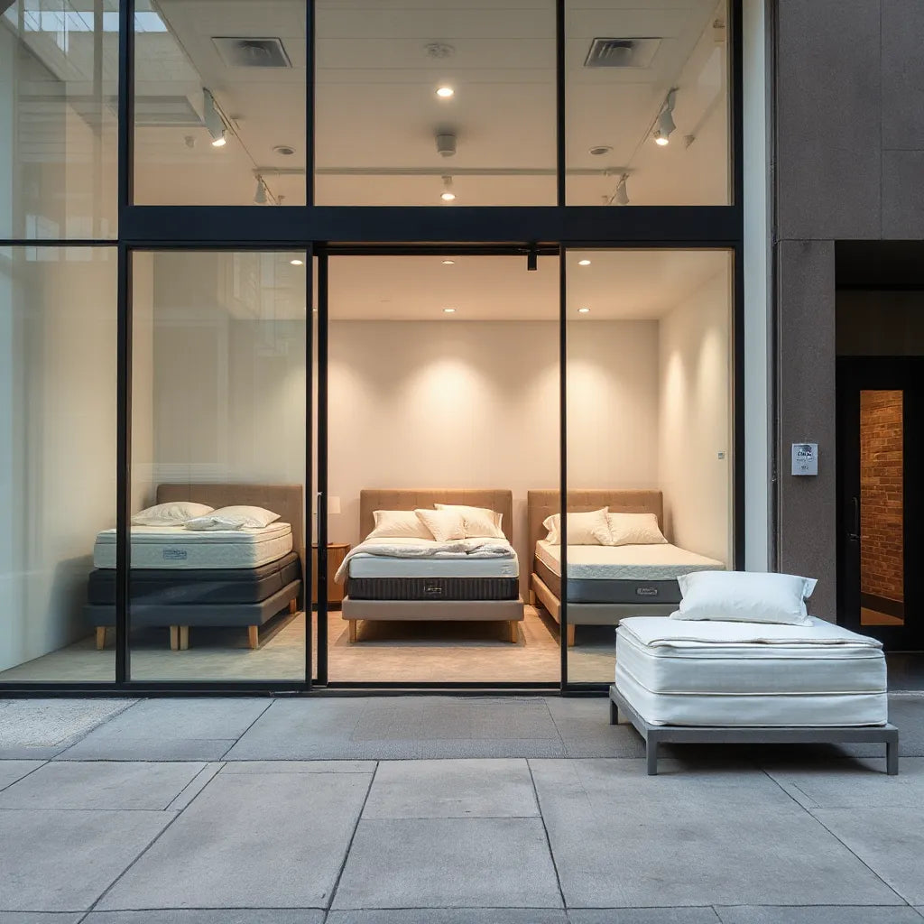 Modern mattress showroom storefront with glass windows and neatly arranged displays in Midtown