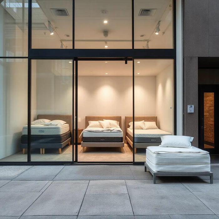 Modern mattress showroom storefront with glass windows and neatly arranged displays in Midtown