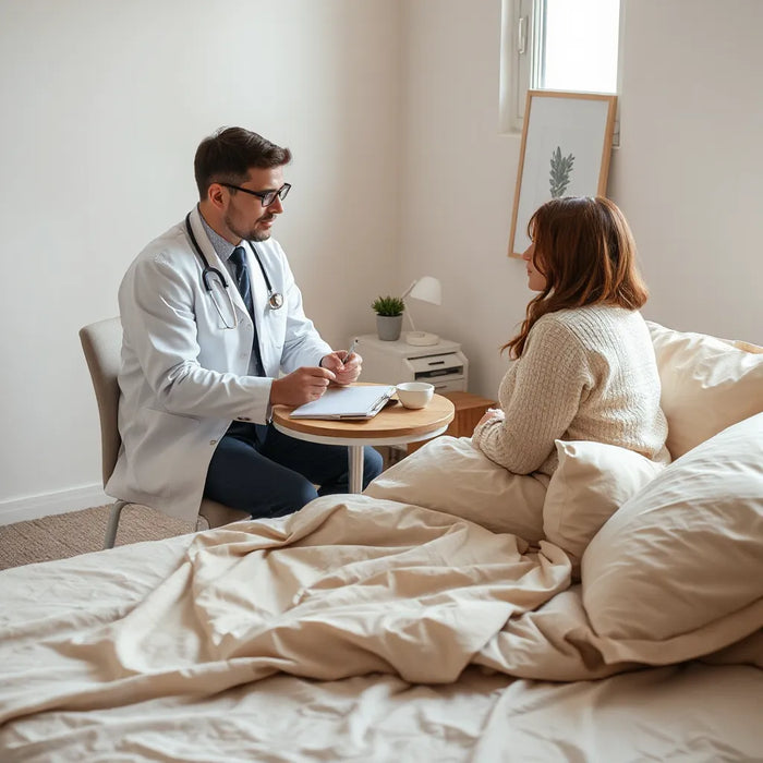 Sleep specialist reviewing a client’s sleep concerns in a calm, modern bedroom