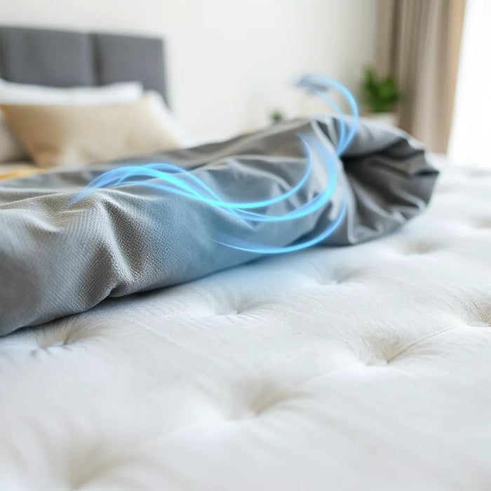 Cooling airflow effect over a modern mattress fabric in a bright, calm bedroom