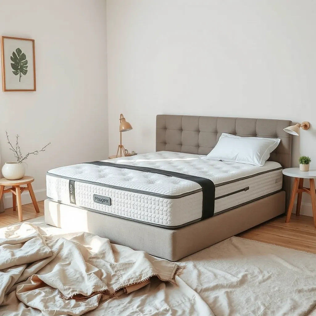 Modern bed-in-a-box mattress in a bright bedroom with packaging box nearby