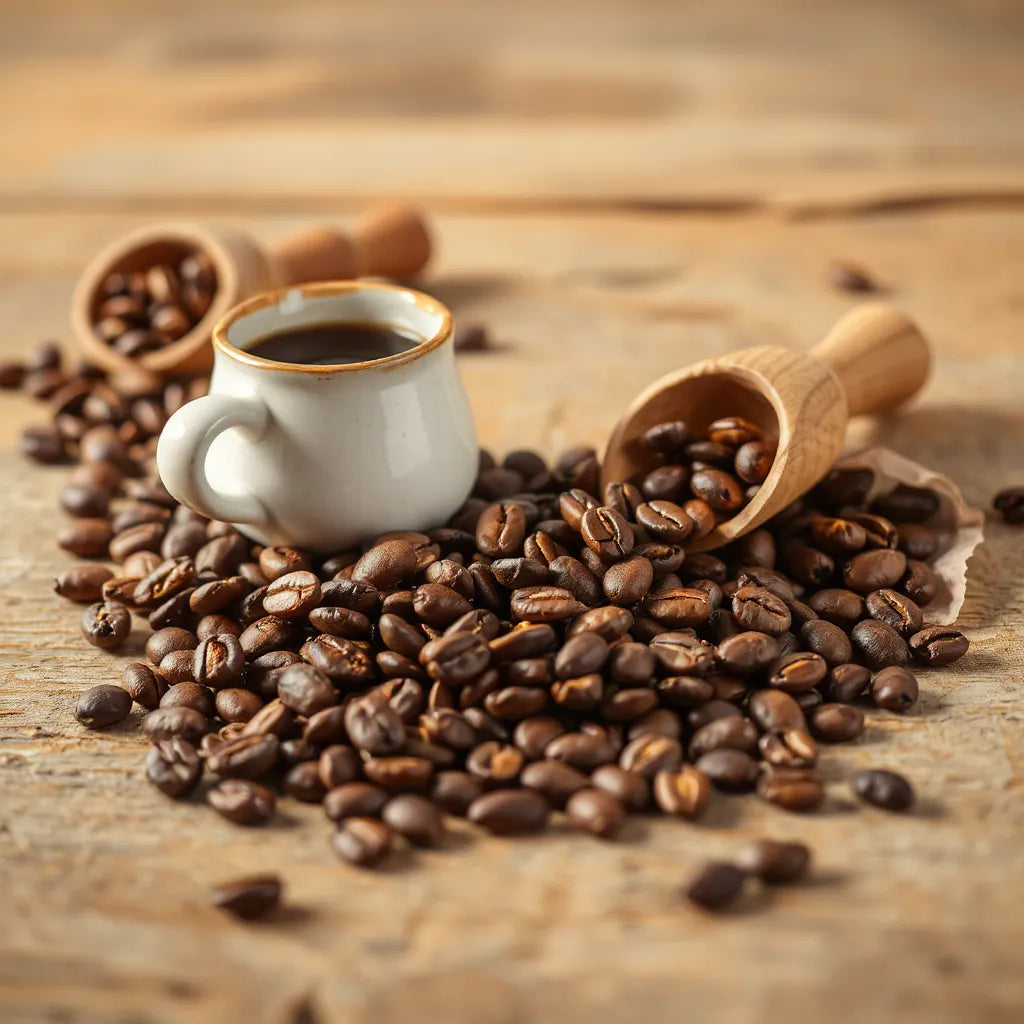 Artisan coffee beans on wood with a ceramic cup and wooden scoop nearby
