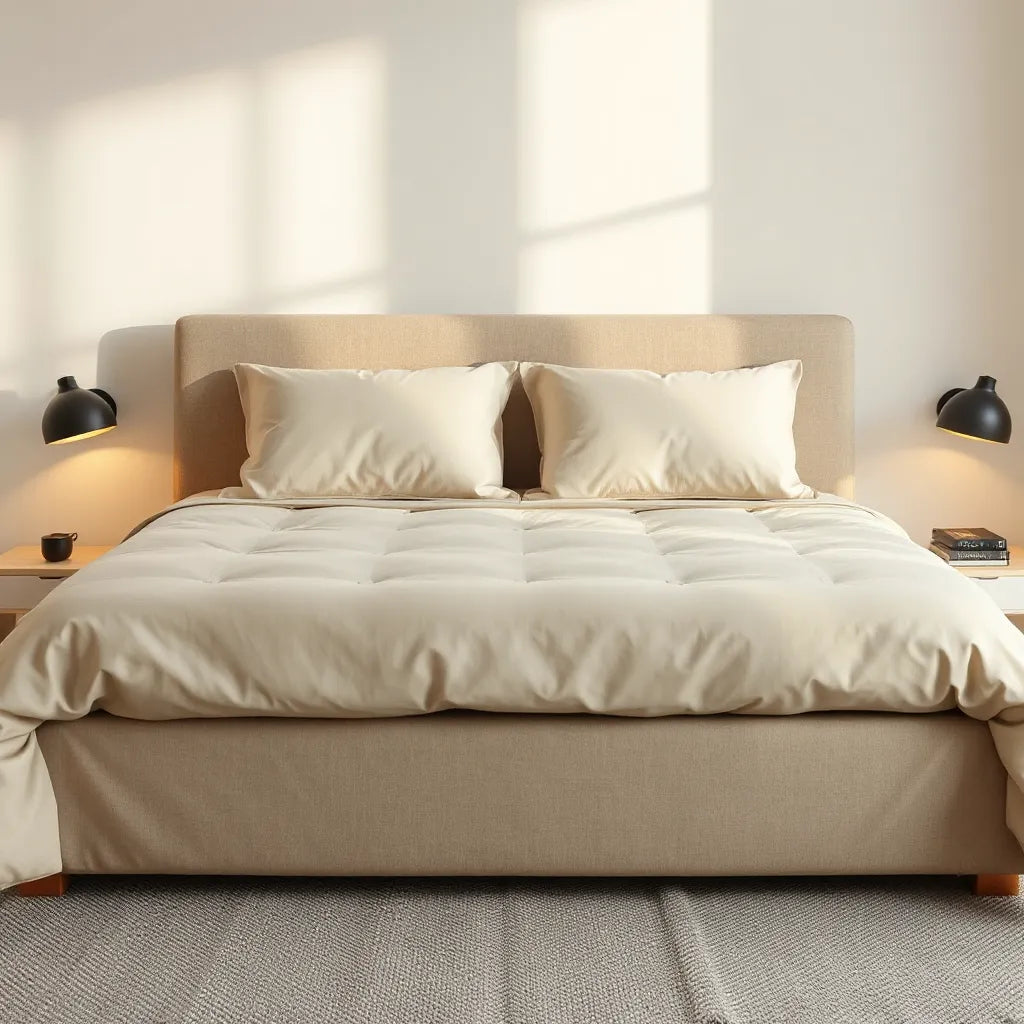 Modern bedroom bed setup showing shared comfort for two with neutral bedding and motion-free arrangement