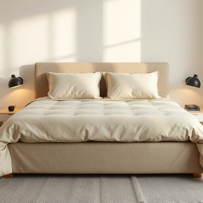 Modern bedroom bed setup showing shared comfort for two with neutral bedding and motion-free arrangement
