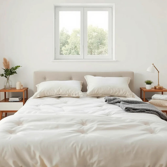 Neatly made bed with a firm-feel mattress and neutral bedding under soft natural light