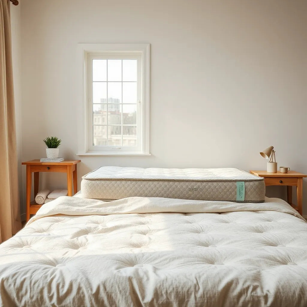 Neatly made bed with an eco-friendly mattress and natural linen bedding in soft daylight