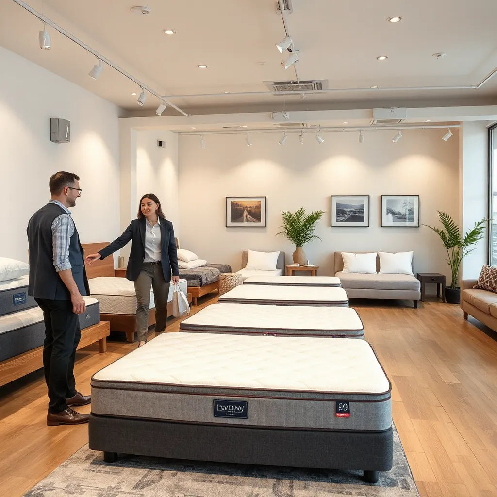 Shoppers and a sales associate review mattress comfort in a modern Midtown Manhattan showroom